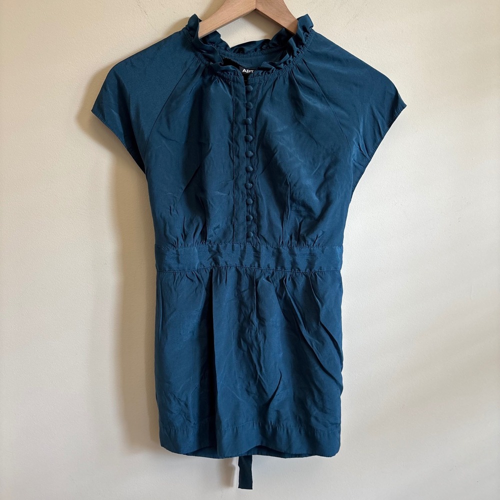 Apt 9 Teal Ruffle Neck Cap Sleeve Button Front Blouse Size M